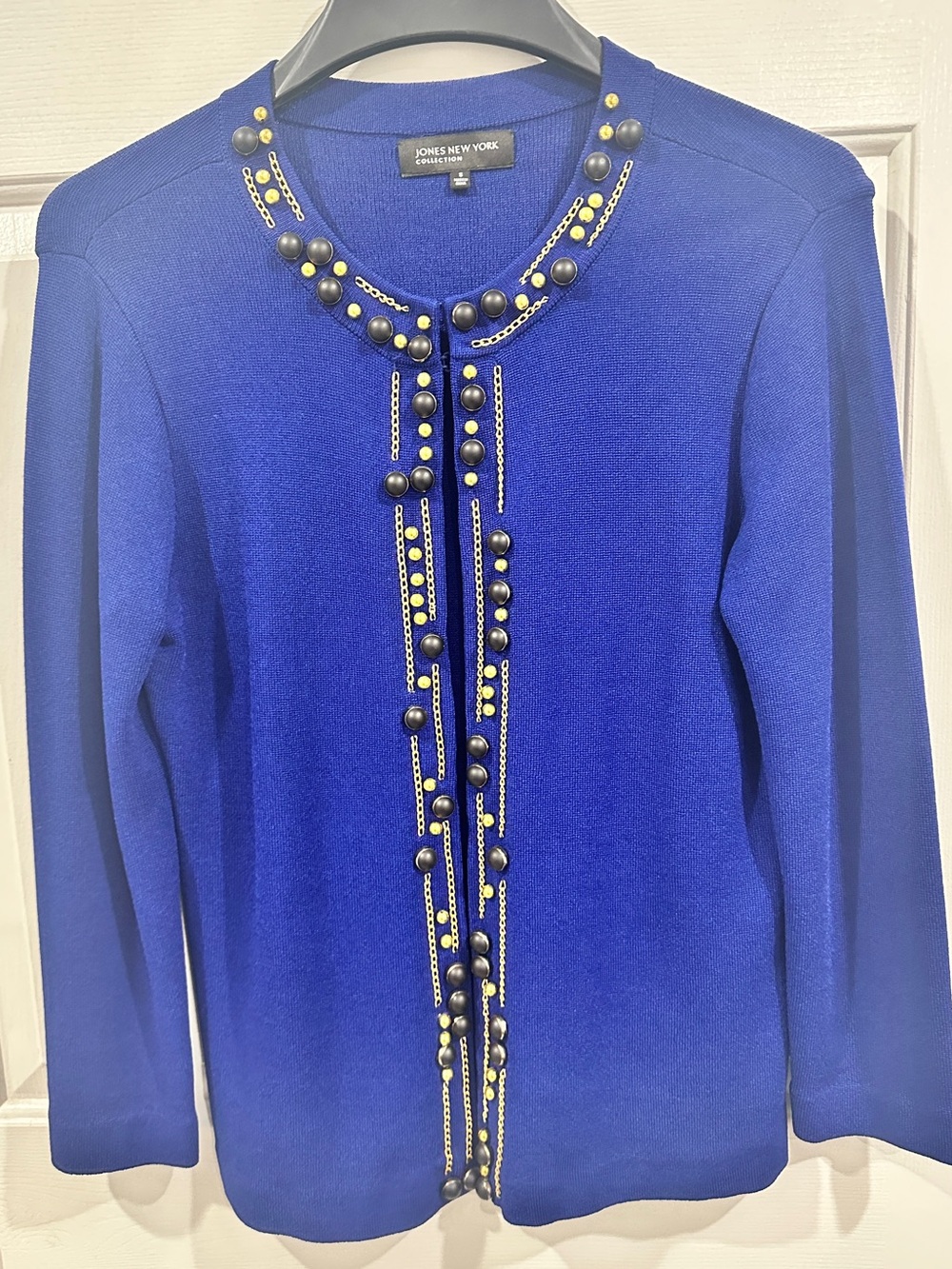Jones New York Cobalt Blue Beaded Chain-Trim Cardigan